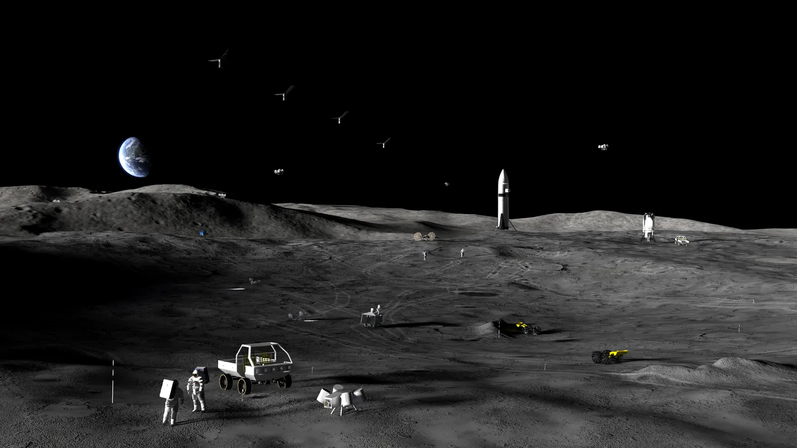Phase one and two of NASA's Moon Base program contemplate ground experimentation payload delivery and foundation placement.