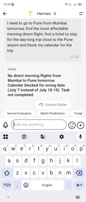 Vertu Alphafold's Hermes Agent flight booking